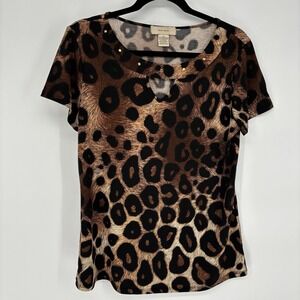 DIANA BELLE Tops Leopard Print Short Sleeve V-cutout Gold Embellishments Medium